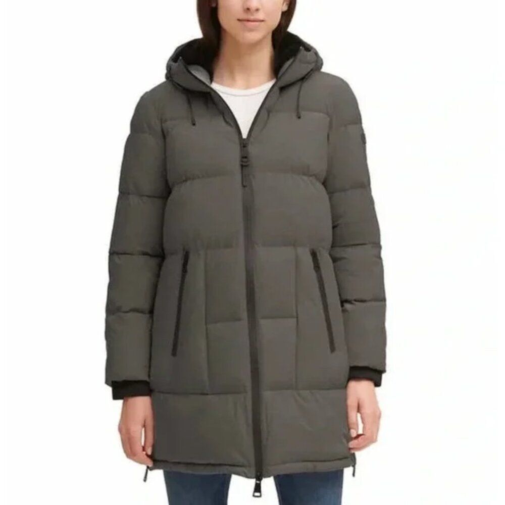 DKNY Jeans Puffer Jacket Hooded Long Parka Coat Gray Full Zip Gray Size XL